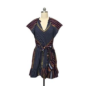 Ranna Gill Dress Womens‎ Medium Navy Striped Metallic Flutter Sleeve Belted Mini